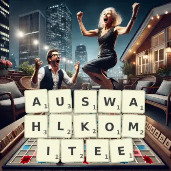 Kreative Illustration für ein Scrabble-Spiel, bei dem das Wort AUSWAHLKOMITEE mit Steinen auf dem Brett gelegt wurde.