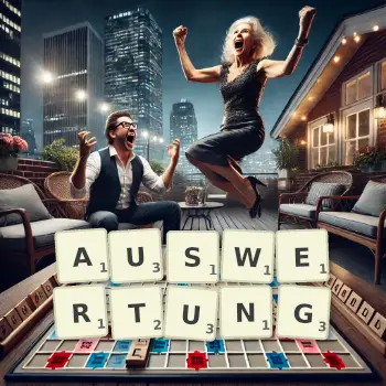 Kreative Illustration für ein Scrabble-Spiel, bei dem das Wort AUSWERTUNG mit Steinen auf dem Brett gelegt wurde.