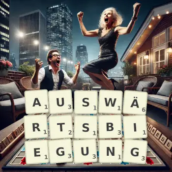 Kreative Illustration für ein Scrabble-Spiel, bei dem das Wort AUSWÄRTSBIEGUNG mit Steinen auf dem Brett gelegt wurde.