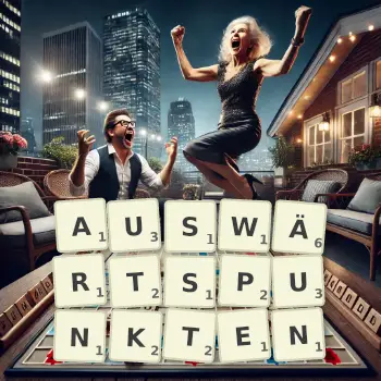 Kreative Illustration für ein Scrabble-Spiel, bei dem das Wort AUSWÄRTSPUNKTEN mit Steinen auf dem Brett gelegt wurde.
