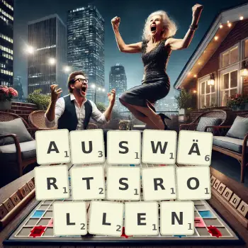 Kreative Illustration für ein Scrabble-Spiel, bei dem das Wort AUSWÄRTSROLLEN mit Steinen auf dem Brett gelegt wurde.