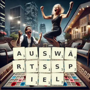 Kreative Illustration für ein Scrabble-Spiel, bei dem das Wort AUSWÄRTSSPIEL mit Steinen auf dem Brett gelegt wurde.