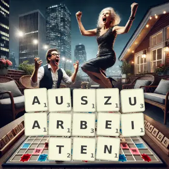 Kreative Illustration für ein Scrabble-Spiel, bei dem das Wort AUSZUARBEITEN mit Steinen auf dem Brett gelegt wurde.