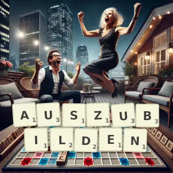 Kreative Illustration für ein Scrabble-Spiel, bei dem das Wort AUSZUBILDEN mit Steinen auf dem Brett gelegt wurde.