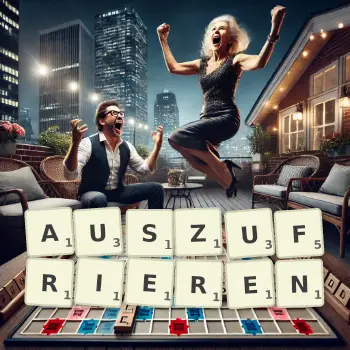 Kreative Illustration für ein Scrabble-Spiel, bei dem das Wort AUSZUFRIEREN mit Steinen auf dem Brett gelegt wurde.