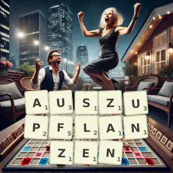Kreative Illustration für ein Scrabble-Spiel, bei dem das Wort AUSZUPFLANZEN mit Steinen auf dem Brett gelegt wurde.