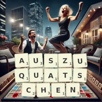Kreative Illustration für ein Scrabble-Spiel, bei dem das Wort AUSZUQUATSCHEN mit Steinen auf dem Brett gelegt wurde.
