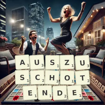Kreative Illustration für ein Scrabble-Spiel, bei dem das Wort AUSZUSCHOTENDE mit Steinen auf dem Brett gelegt wurde.