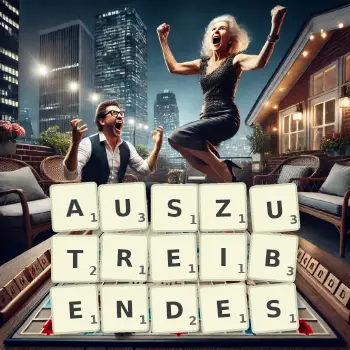 Kreative Illustration für ein Scrabble-Spiel, bei dem das Wort AUSZUTREIBENDES mit Steinen auf dem Brett gelegt wurde.