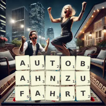 Kreative Illustration für ein Scrabble-Spiel, bei dem das Wort AUTOBAHNZUFAHRT mit Steinen auf dem Brett gelegt wurde.
