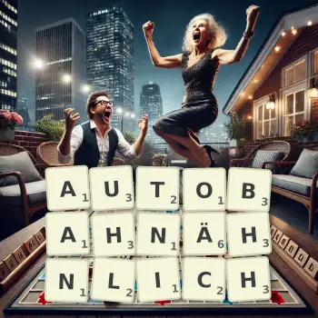Kreative Illustration für ein Scrabble-Spiel, bei dem das Wort AUTOBAHNÄHNLICH mit Steinen auf dem Brett gelegt wurde.