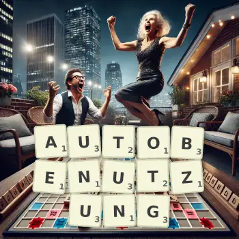 Kreative Illustration für ein Scrabble-Spiel, bei dem das Wort AUTOBENUTZUNG mit Steinen auf dem Brett gelegt wurde.