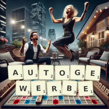 Kreative Illustration für ein Scrabble-Spiel, bei dem das Wort AUTOGEWERBE mit Steinen auf dem Brett gelegt wurde.