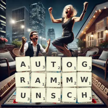 Kreative Illustration für ein Scrabble-Spiel, bei dem das Wort AUTOGRAMMWUNSCH mit Steinen auf dem Brett gelegt wurde.