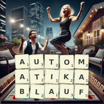 Kreative Illustration für ein Scrabble-Spiel, bei dem das Wort AUTOMATIKABLAUF mit Steinen auf dem Brett gelegt wurde.