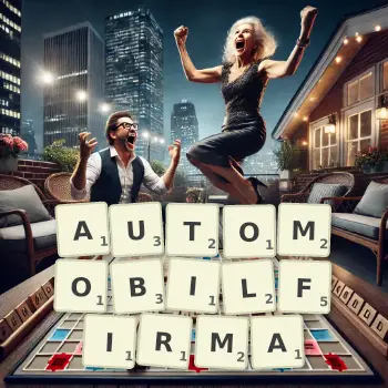 Kreative Illustration für ein Scrabble-Spiel, bei dem das Wort AUTOMOBILFIRMA mit Steinen auf dem Brett gelegt wurde.