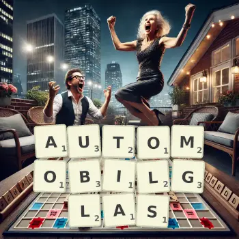 Kreative Illustration für ein Scrabble-Spiel, bei dem das Wort AUTOMOBILGLAS mit Steinen auf dem Brett gelegt wurde.