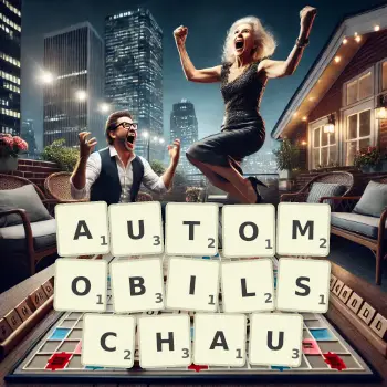 Kreative Illustration für ein Scrabble-Spiel, bei dem das Wort AUTOMOBILSCHAU mit Steinen auf dem Brett gelegt wurde.