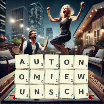 Kreative Illustration für ein Scrabble-Spiel, bei dem das Wort AUTONOMIEWUNSCH mit Steinen auf dem Brett gelegt wurde.