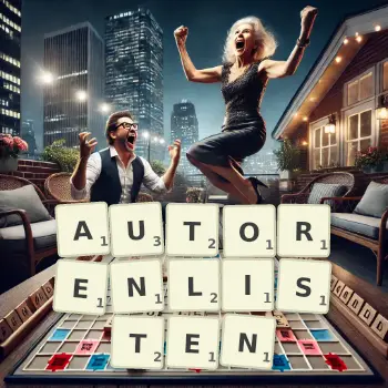 Kreative Illustration für ein Scrabble-Spiel, bei dem das Wort AUTORENLISTEN mit Steinen auf dem Brett gelegt wurde.