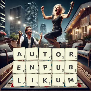 Kreative Illustration für ein Scrabble-Spiel, bei dem das Wort AUTORENPUBLIKUM mit Steinen auf dem Brett gelegt wurde.