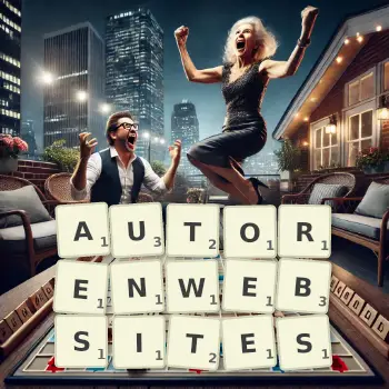 Kreative Illustration für ein Scrabble-Spiel, bei dem das Wort AUTORENWEBSITES mit Steinen auf dem Brett gelegt wurde.