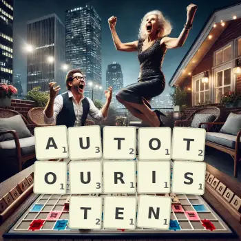 Kreative Illustration für ein Scrabble-Spiel, bei dem das Wort AUTOTOURISTEN mit Steinen auf dem Brett gelegt wurde.