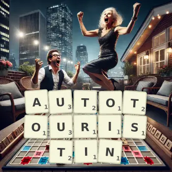 Kreative Illustration für ein Scrabble-Spiel, bei dem das Wort AUTOTOURISTIN mit Steinen auf dem Brett gelegt wurde.