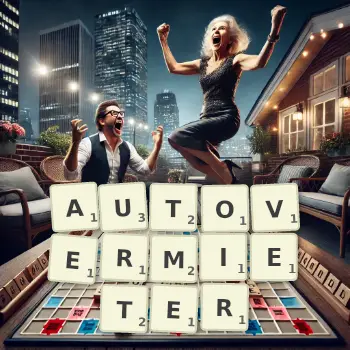 Kreative Illustration für ein Scrabble-Spiel, bei dem das Wort AUTOVERMIETER mit Steinen auf dem Brett gelegt wurde.