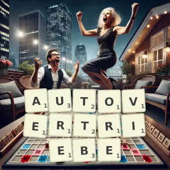 Kreative Illustration für ein Scrabble-Spiel, bei dem das Wort AUTOVERTRIEBE mit Steinen auf dem Brett gelegt wurde.