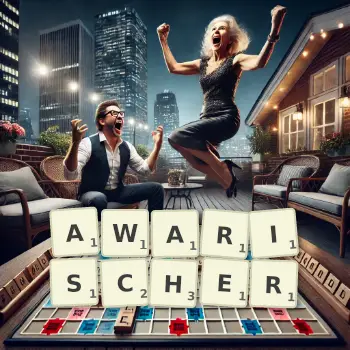 Kreative Illustration für ein Scrabble-Spiel, bei dem das Wort AWARISCHER mit Steinen auf dem Brett gelegt wurde.