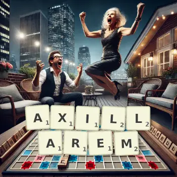 Kreative Illustration für ein Scrabble-Spiel, bei dem das Wort AXILLAREM mit Steinen auf dem Brett gelegt wurde.
