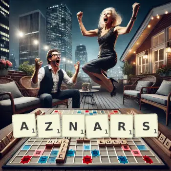 Kreative Illustration für ein Scrabble-Spiel, bei dem das Wort AZNARS mit Steinen auf dem Brett gelegt wurde.