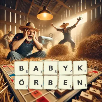 Kreative Illustration für ein Scrabble-Spiel, bei dem das Wort BABYKÖRBEN mit Steinen auf dem Brett gelegt wurde.