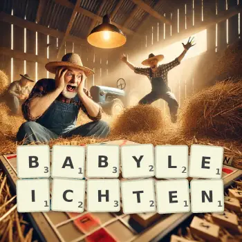 Kreative Illustration für ein Scrabble-Spiel, bei dem das Wort BABYLEICHTEN mit Steinen auf dem Brett gelegt wurde.