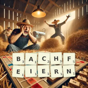 Kreative Illustration für ein Scrabble-Spiel, bei dem das Wort BACHFEIERN mit Steinen auf dem Brett gelegt wurde.