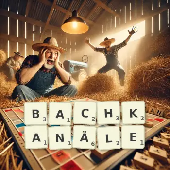 Kreative Illustration für ein Scrabble-Spiel, bei dem das Wort BACHKANÄLE mit Steinen auf dem Brett gelegt wurde.