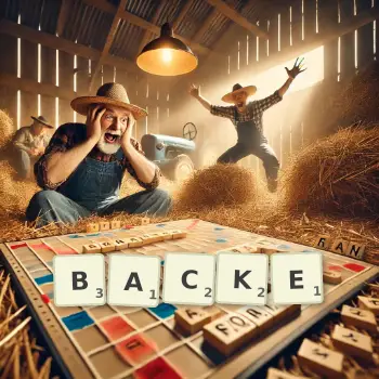 Kreative Illustration für ein Scrabble-Spiel, bei dem das Wort BACKE mit Steinen auf dem Brett gelegt wurde.