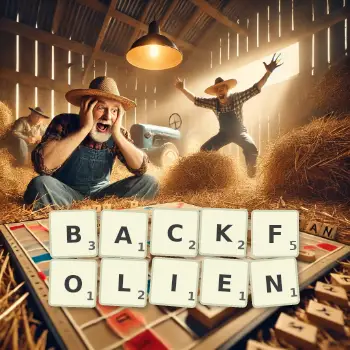 Kreative Illustration für ein Scrabble-Spiel, bei dem das Wort BACKFOLIEN mit Steinen auf dem Brett gelegt wurde.