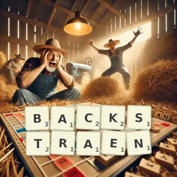 Kreative Illustration für ein Scrabble-Spiel, bei dem das Wort BACKSTRAEN mit Steinen auf dem Brett gelegt wurde.