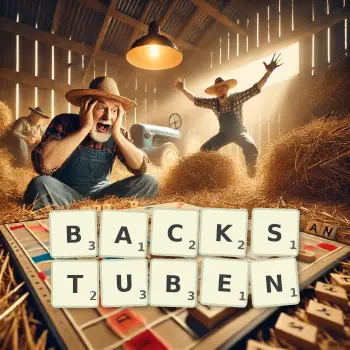 Kreative Illustration für ein Scrabble-Spiel, bei dem das Wort BACKSTUBEN mit Steinen auf dem Brett gelegt wurde.