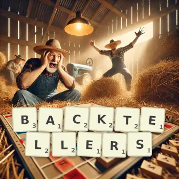 Kreative Illustration für ein Scrabble-Spiel, bei dem das Wort BACKTELLERS mit Steinen auf dem Brett gelegt wurde.