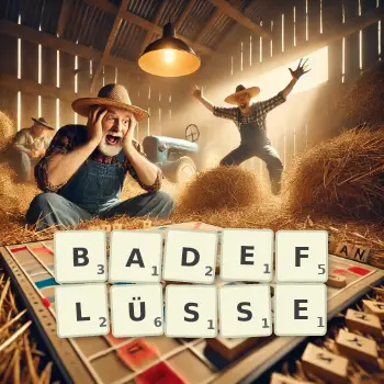 Kreative Illustration für ein Scrabble-Spiel, bei dem das Wort BADEFLÜSSE mit Steinen auf dem Brett gelegt wurde.