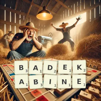 Kreative Illustration für ein Scrabble-Spiel, bei dem das Wort BADEKABINE mit Steinen auf dem Brett gelegt wurde.