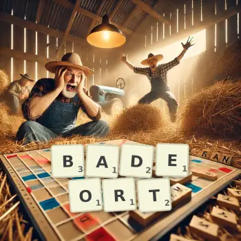 Kreative Illustration für ein Scrabble-Spiel, bei dem das Wort BADEORT mit Steinen auf dem Brett gelegt wurde.