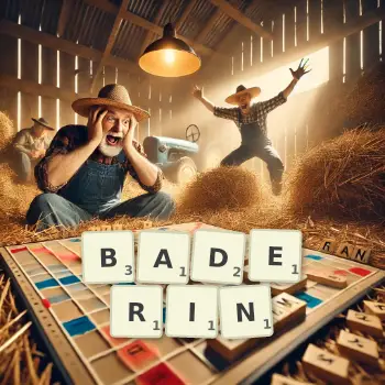 Kreative Illustration für ein Scrabble-Spiel, bei dem das Wort BADERIN mit Steinen auf dem Brett gelegt wurde.