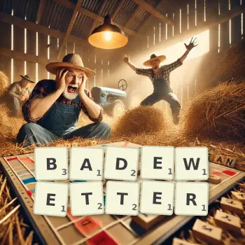 Kreative Illustration für ein Scrabble-Spiel, bei dem das Wort BADEWETTER mit Steinen auf dem Brett gelegt wurde.