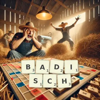 Kreative Illustration für ein Scrabble-Spiel, bei dem das Wort BADISCH mit Steinen auf dem Brett gelegt wurde.