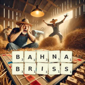 Kreative Illustration für ein Scrabble-Spiel, bei dem das Wort BAHNABRISS mit Steinen auf dem Brett gelegt wurde.