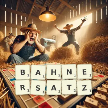 Kreative Illustration für ein Scrabble-Spiel, bei dem das Wort BAHNERSATZ mit Steinen auf dem Brett gelegt wurde.